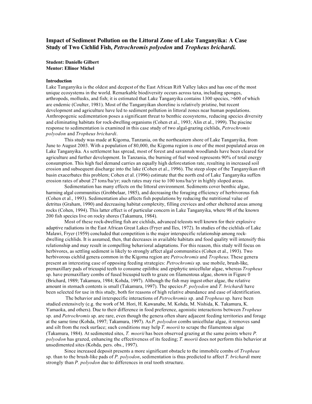 Impact of Sediment Pollution on the Littoral Zone of Lake Tanganyika: a Case Study of Two Cichlid Fish, Petrochromis Polyodon and Tropheus Brichardi