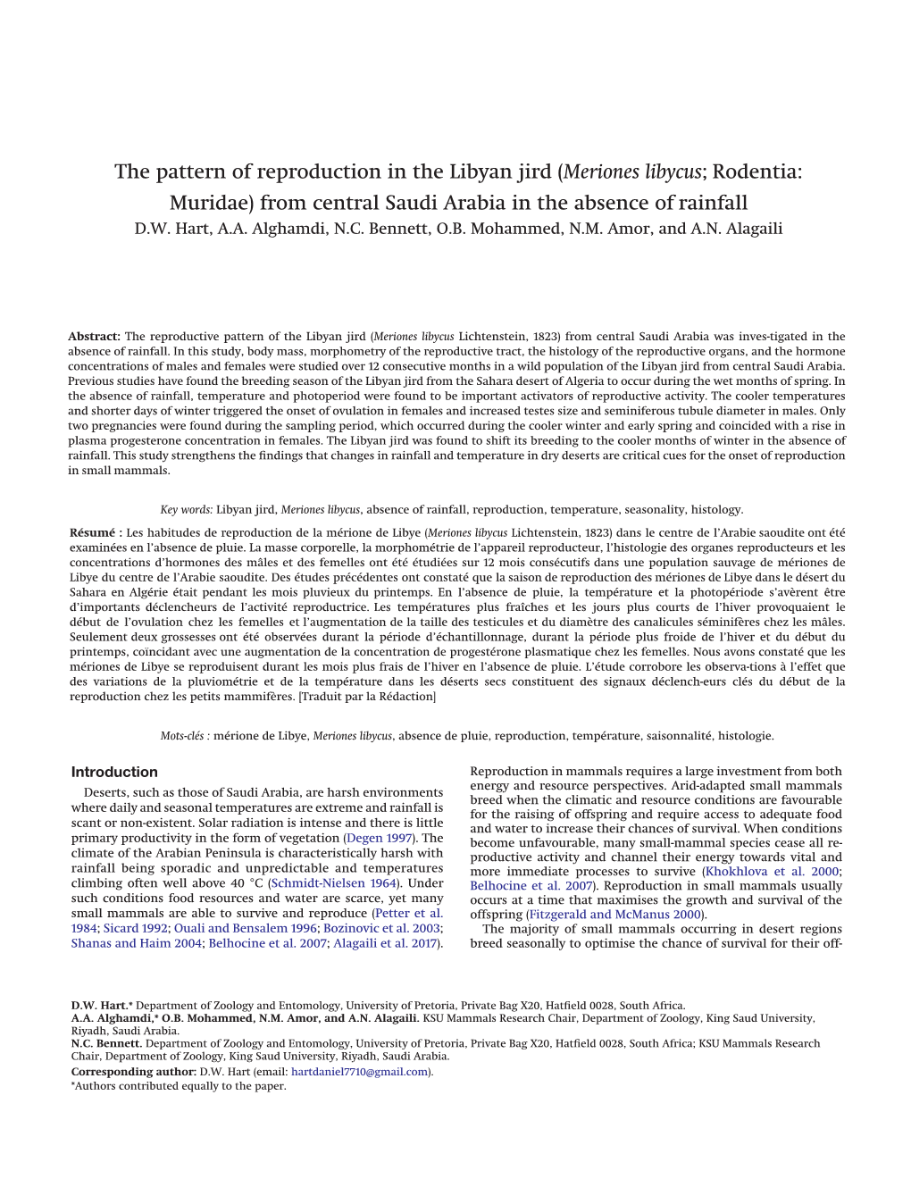 The Pattern of Reproduction in the Libyan Jird (Meriones Libycus; Rodentia: Muridae) from Central Saudi Arabia in the Absence of Rainfall D.W