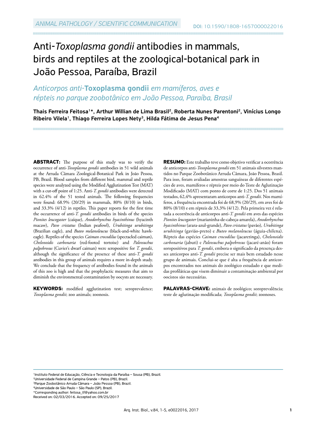 Anti-Toxoplasma Gondii Antibodies in Mammals, Birds and Reptiles at the Zoological-Botanical Park in João Pessoa, Paraíba