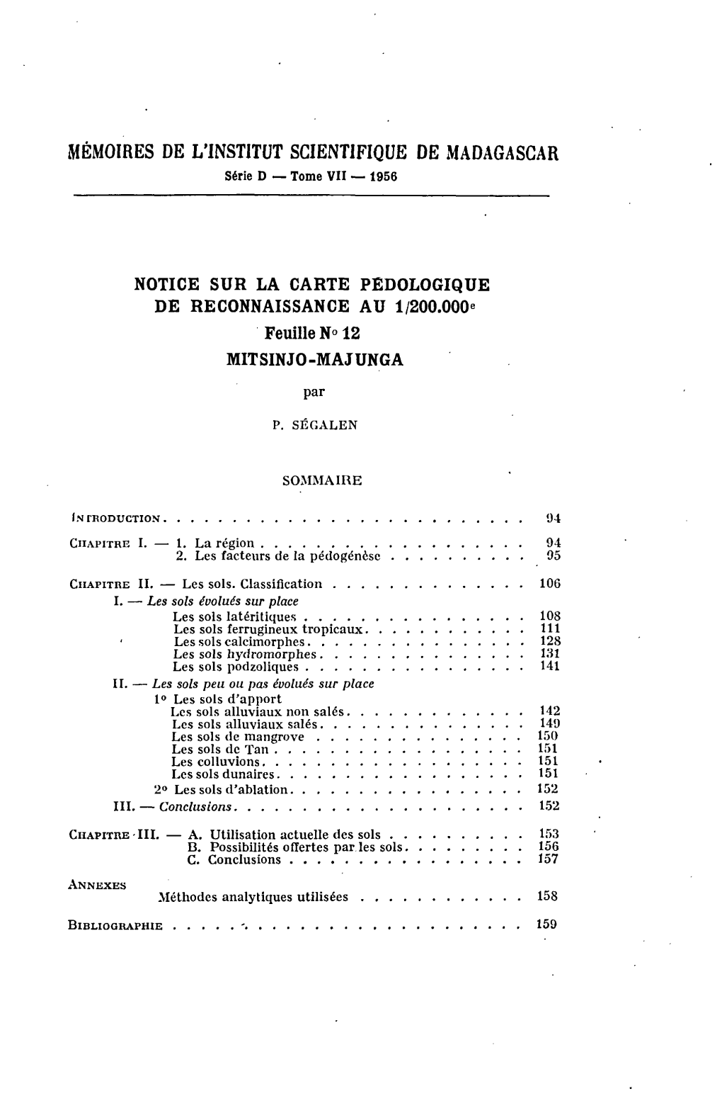 Notice Sur La Carte Pédologique De Reconnaissance Au 1/200 000 : Feuille No 12, Mitsinjo-Majunga
