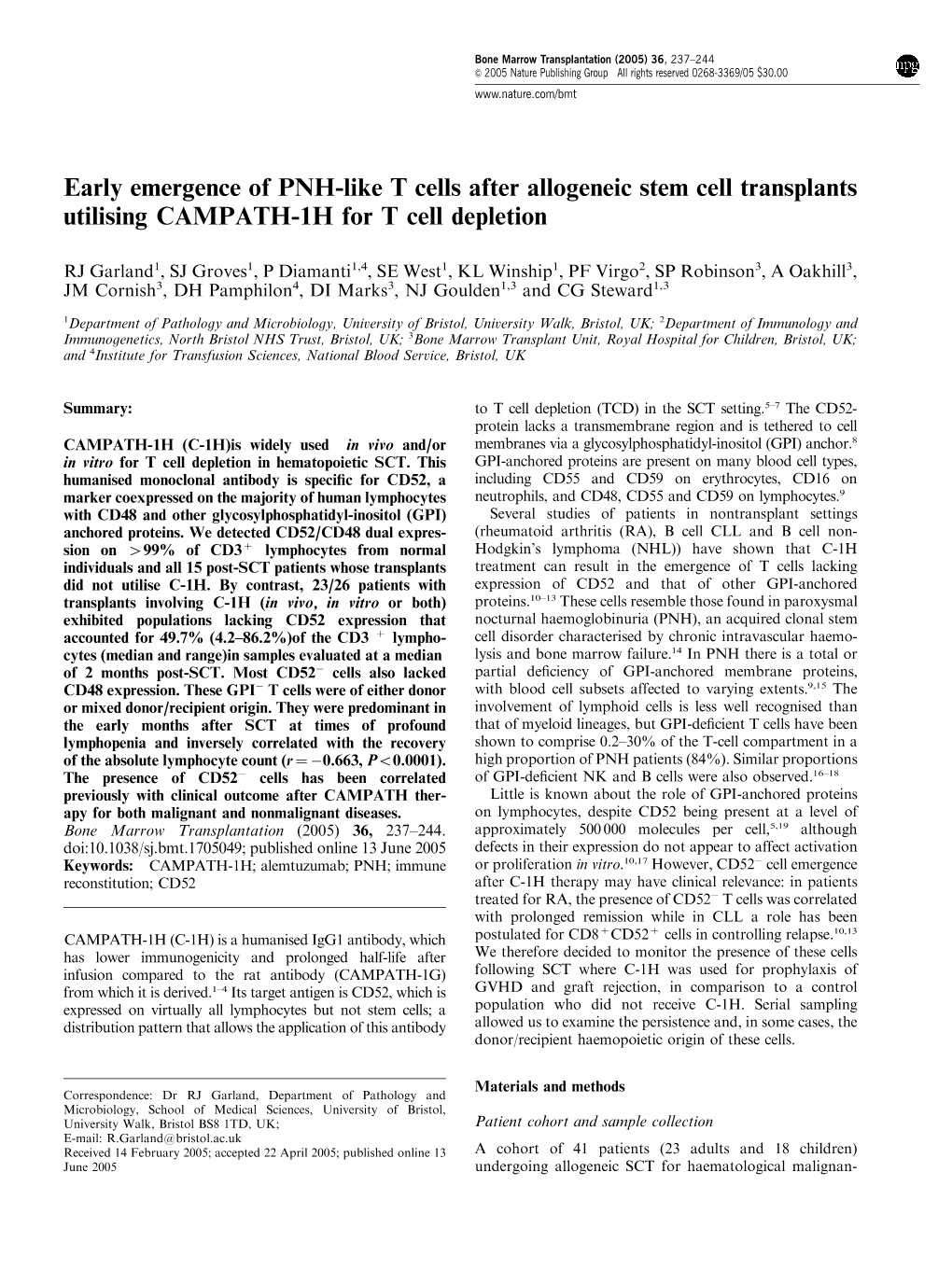 Early Emergence of PNH-Like T Cells After Allogeneic Stem Cell Transplants Utilising CAMPATH-1H for T Cell Depletion