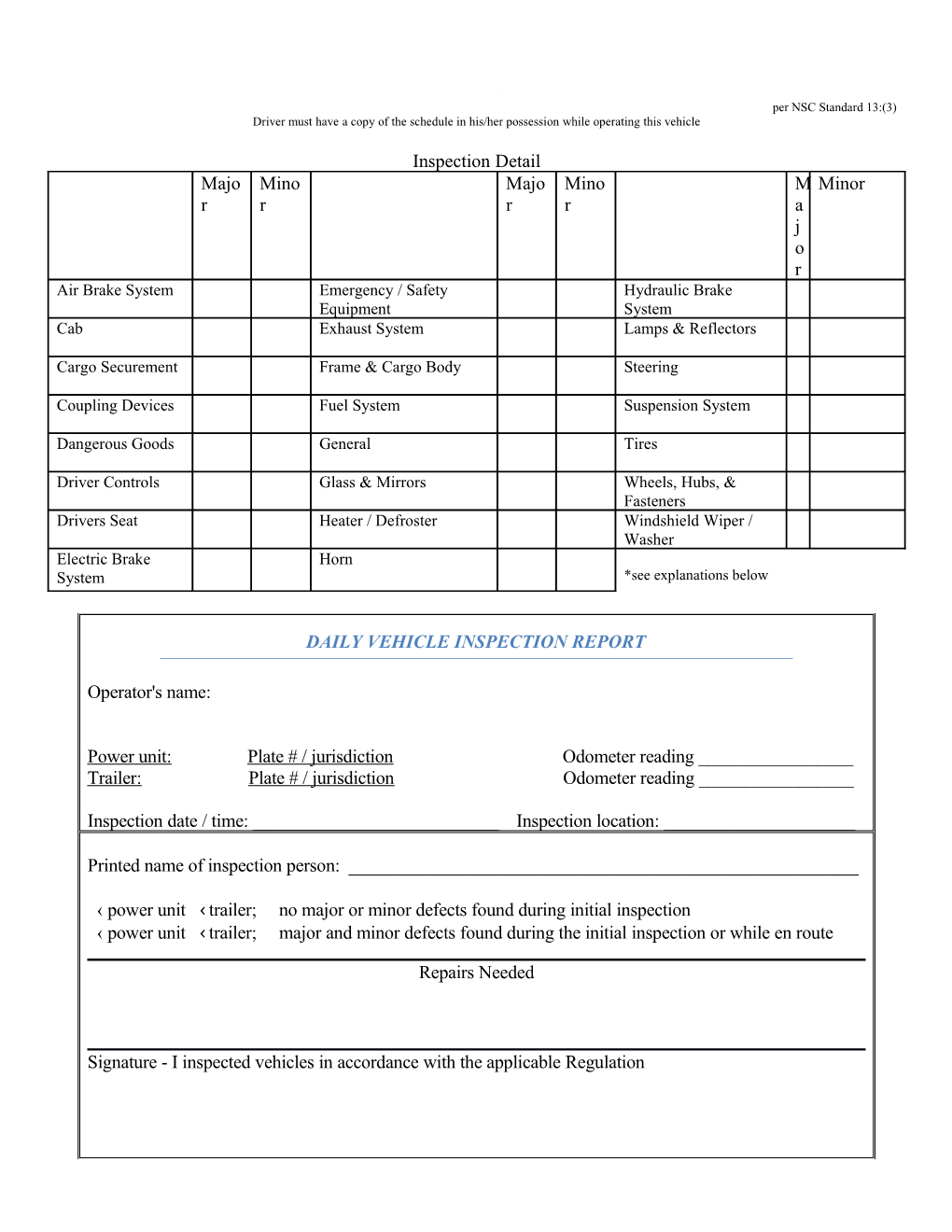 Drivers Daily Vehicle Inspection Report Canada Schedule 1