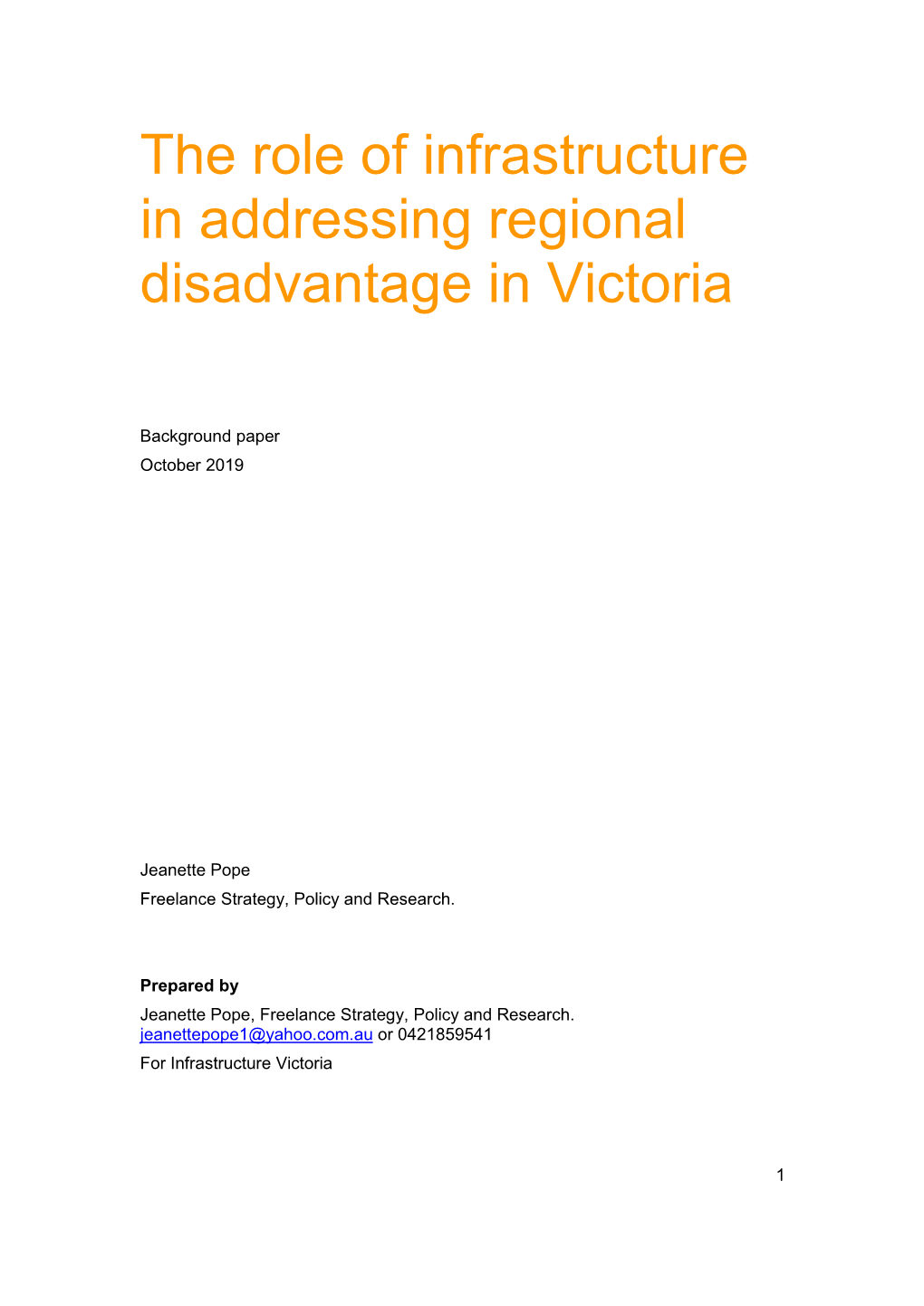 The Role of Infrastructure in Addressing Regional Disadvantage in Victoria