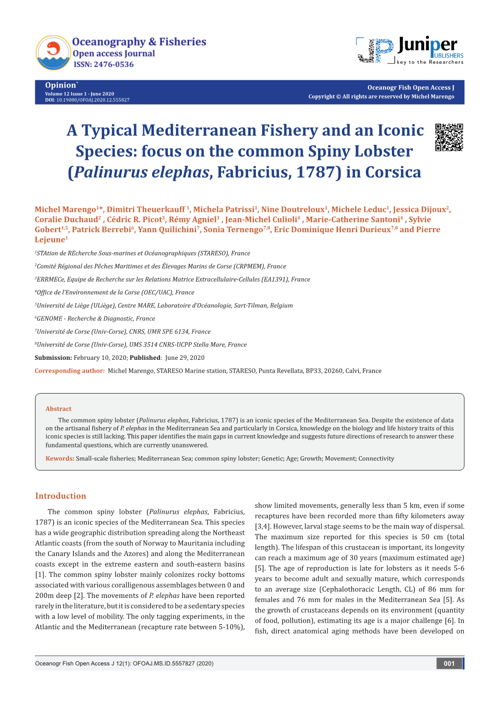 A Typical Mediterranean Fishery and an Iconic Species: Focus on the Common Spiny Lobster (Palinurus Elephas, Fabricius, 1787) in Corsica