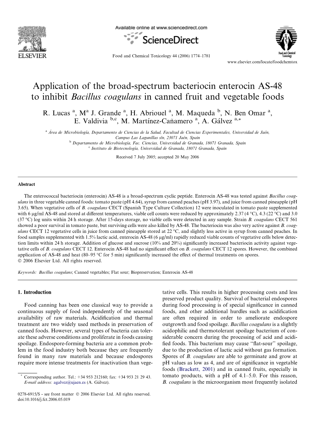 Application of the Broad-Spectrum Bacteriocin Enterocin AS-48 to Inhibit Bacillus Coagulans in Canned Fruit and Vegetable Foods