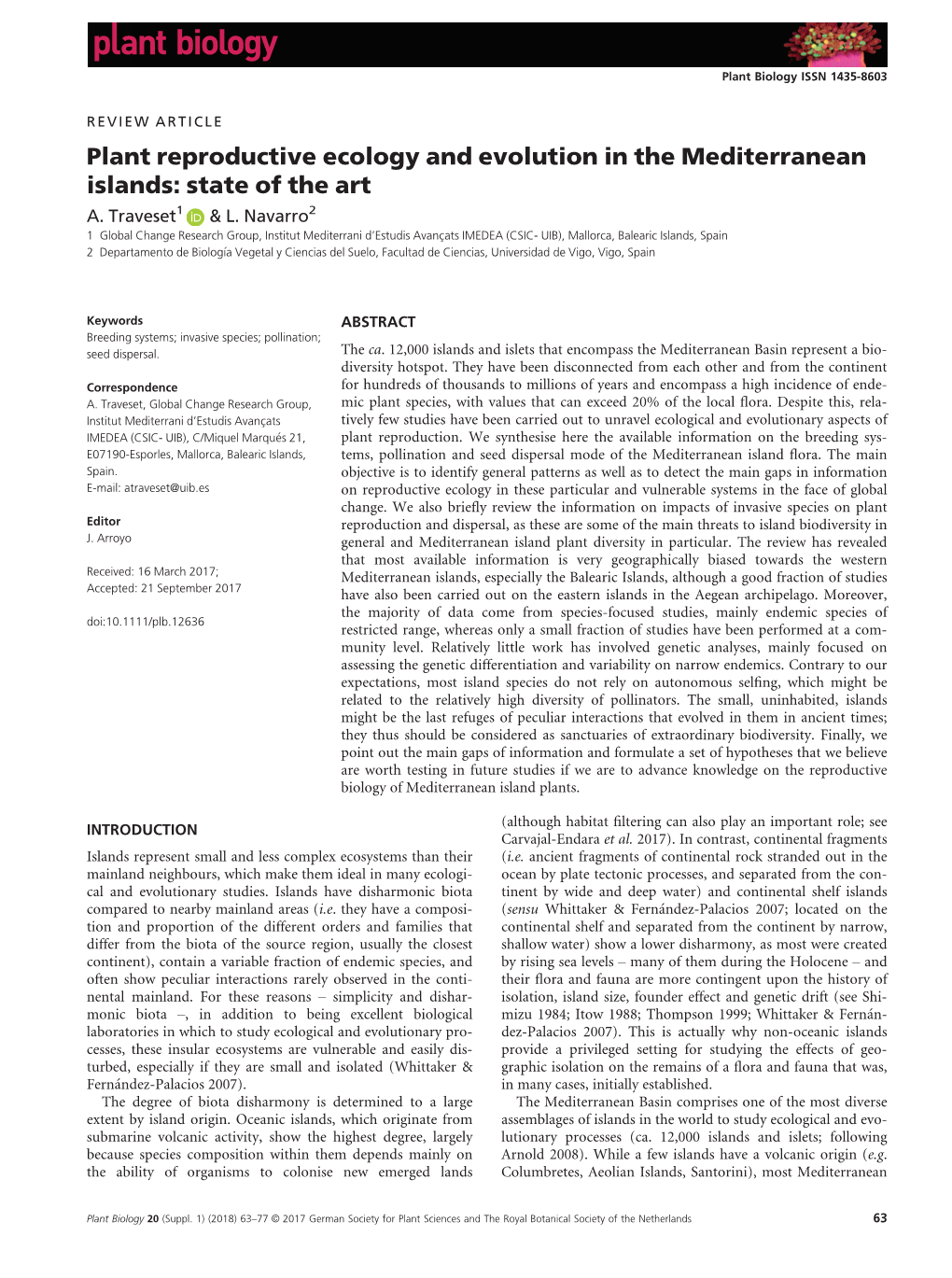 Plant Reproductive Ecology and Evolution in the Mediterranean Islands: State of the Art A