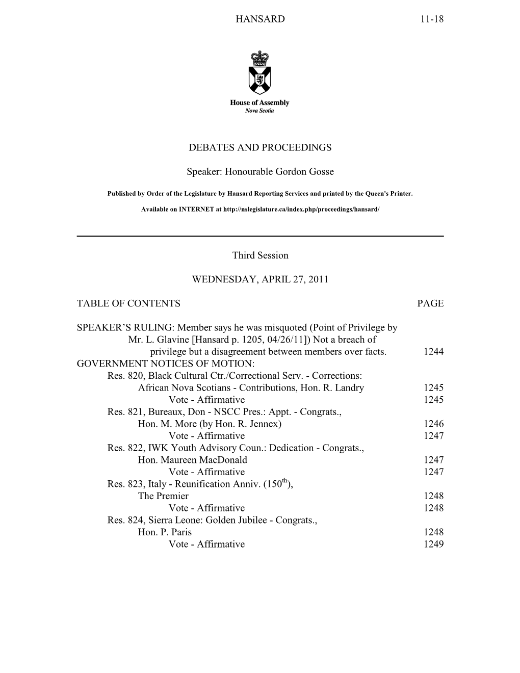 HANSARD 11-18 DEBATES and PROCEEDINGS Speaker