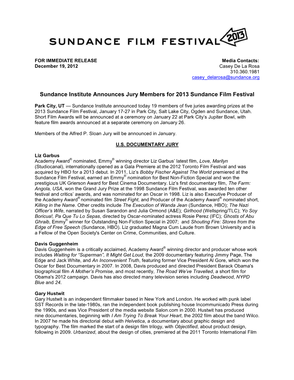 Sundance Institute Announces Jury Members for 2013 Sundance Film Festival