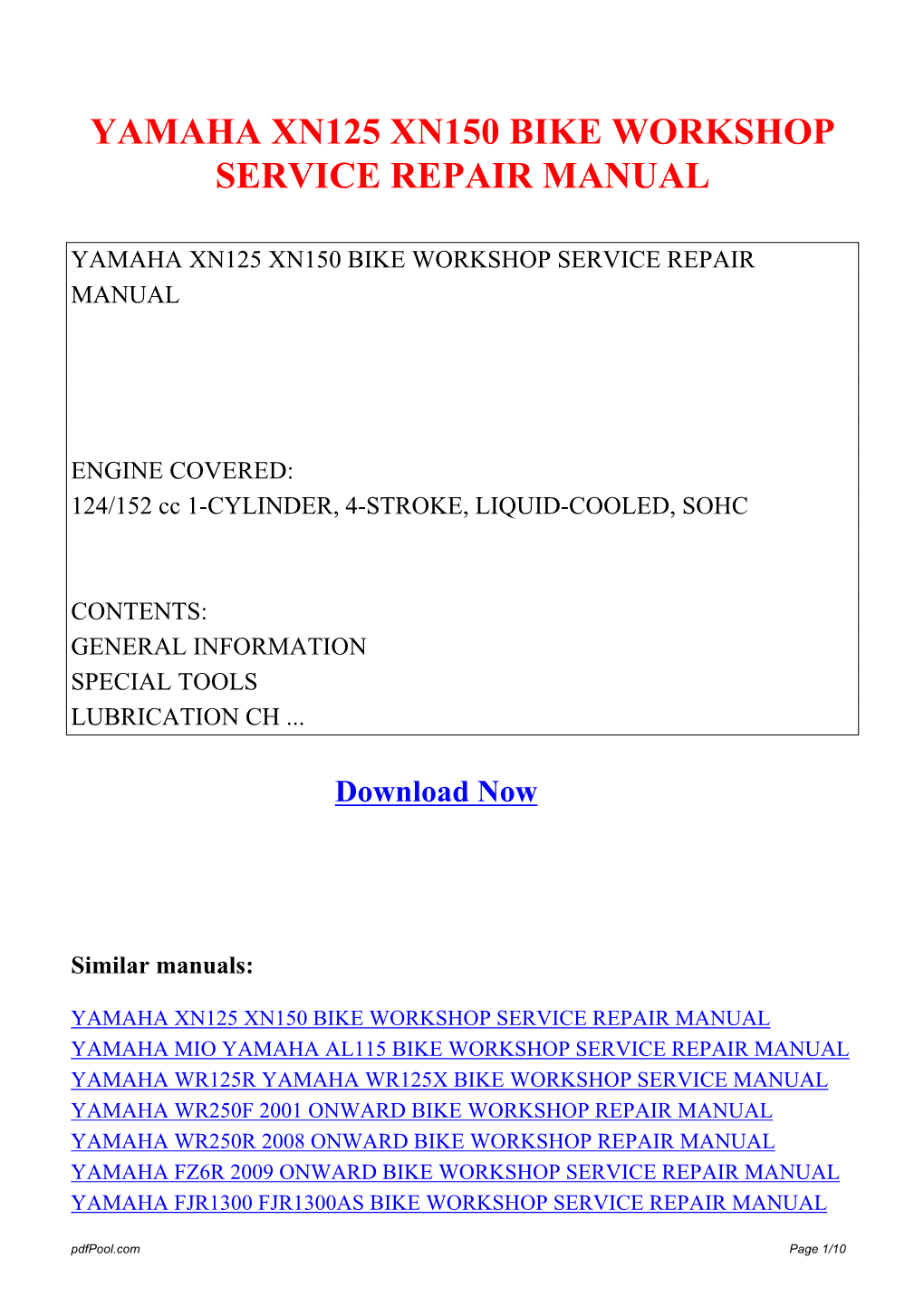Yamaha Xn125 Xn150 Bike Workshop Service Repair Manual