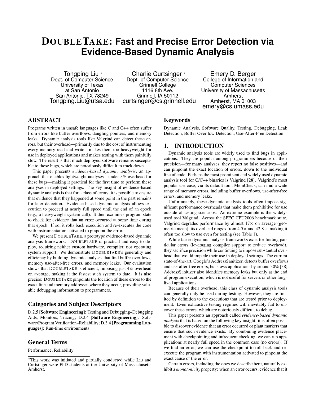 Fast and Precise Error Detection Via Evidence-Based Dynamic Analysis