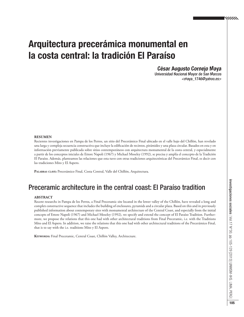 Arquitectura Precerámica Monumental En La Costa Central: La Tradición El