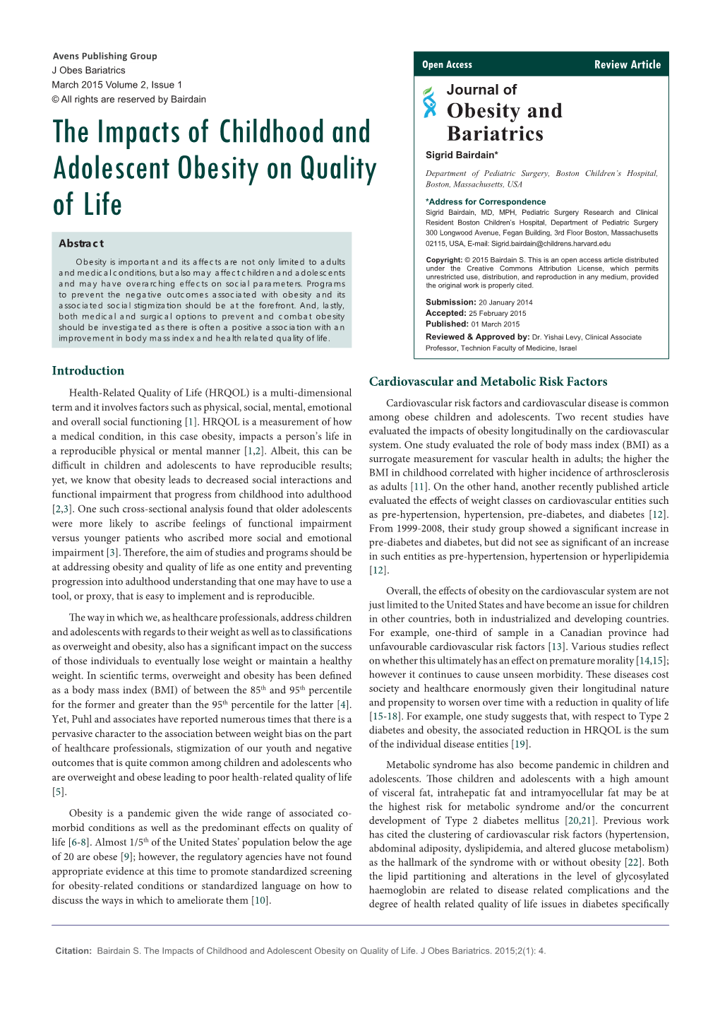 The Impacts of Childhood and Adolescent Obesity on Quality of Life