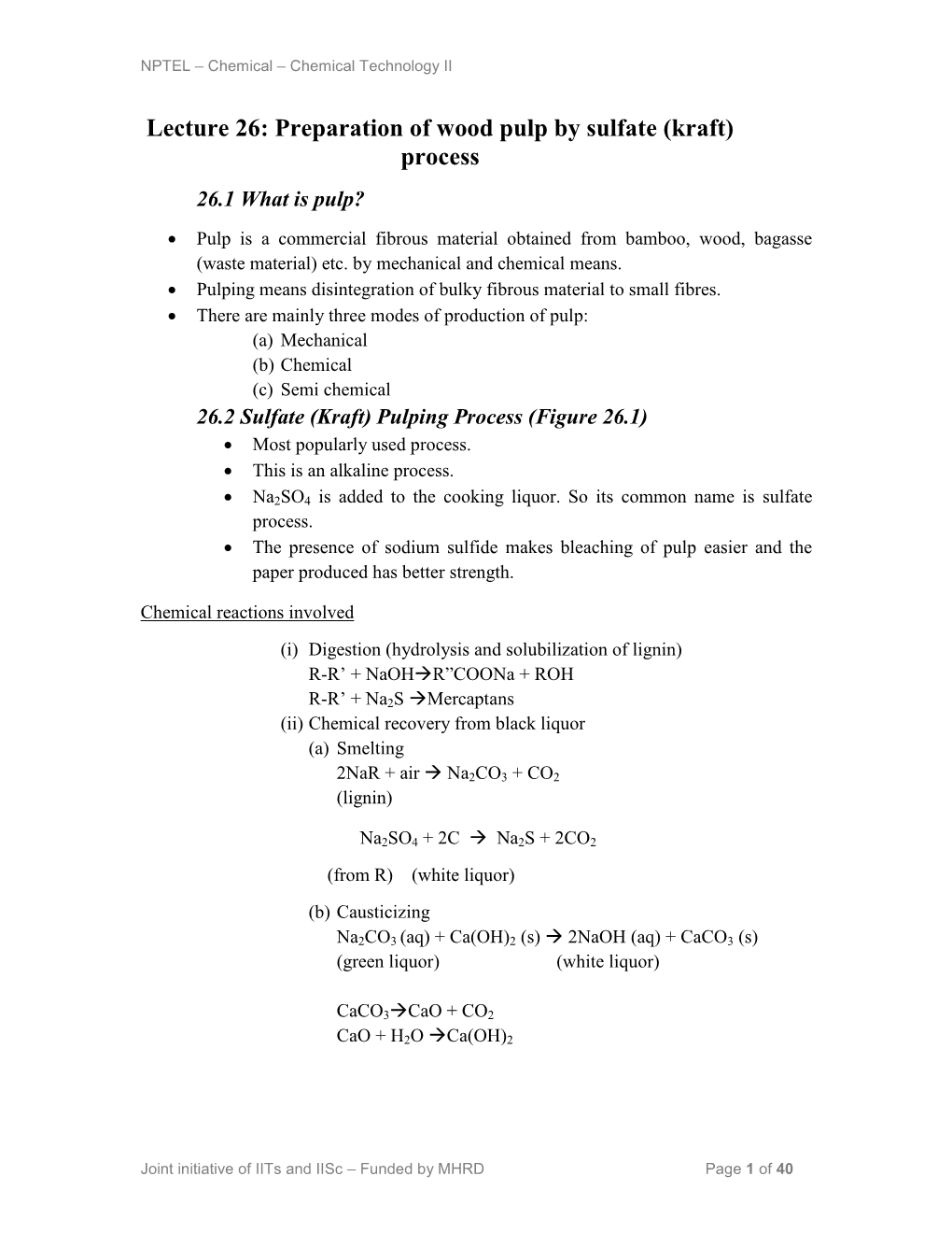 Lecture 26: Preparation of Wood Pulp by Sulfate (Kraft) Process