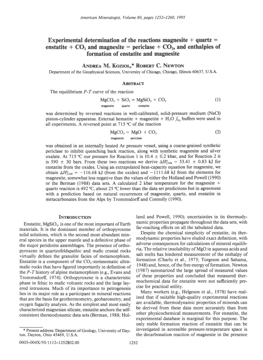 Enstatite + CO, and Magnesite: Periclase+ Co2oand Enthalpiesof Formation of Enstatite and Magnesite Anonr,Q,M