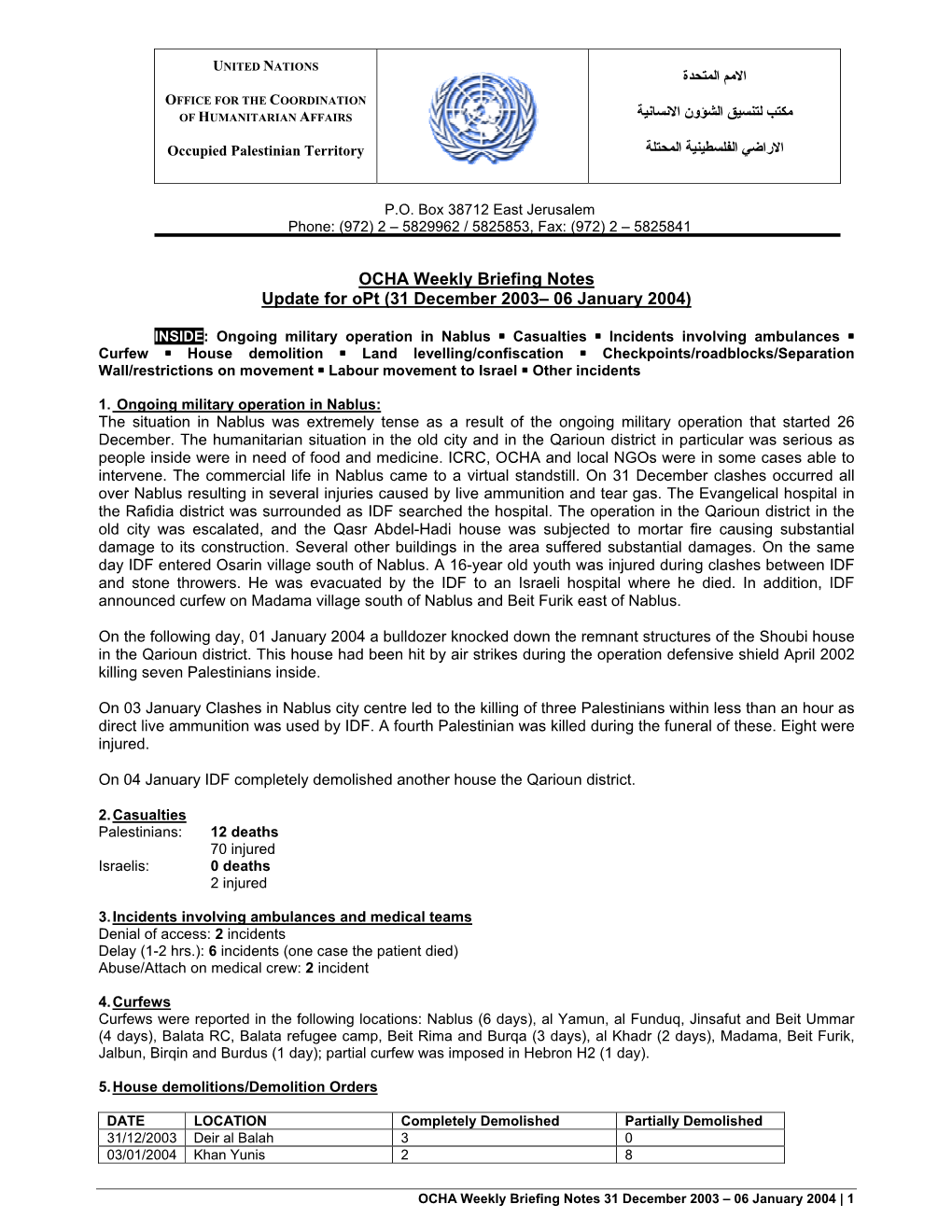 OCHA Weekly Briefing Notes Update for Opt (31 December 2003– 06 January 2004)