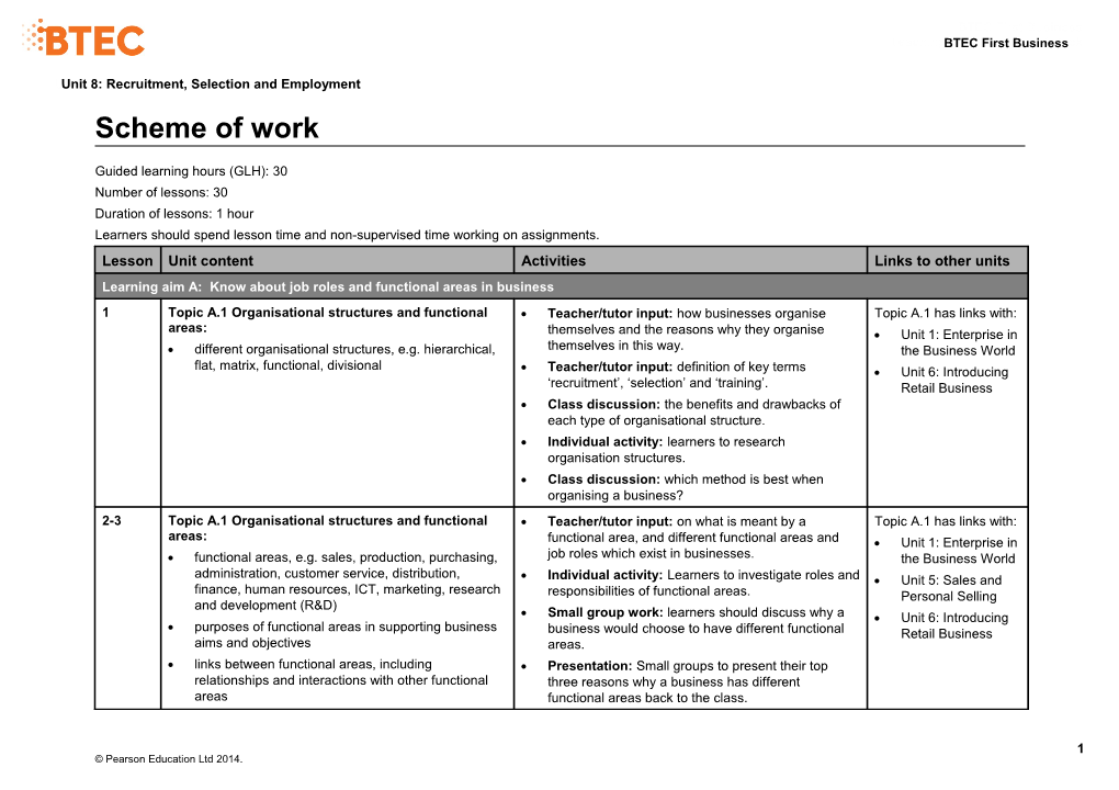 Unit 8: Recruitment, Selection and Employment - Scheme of Work (Version 1 Sept 14)