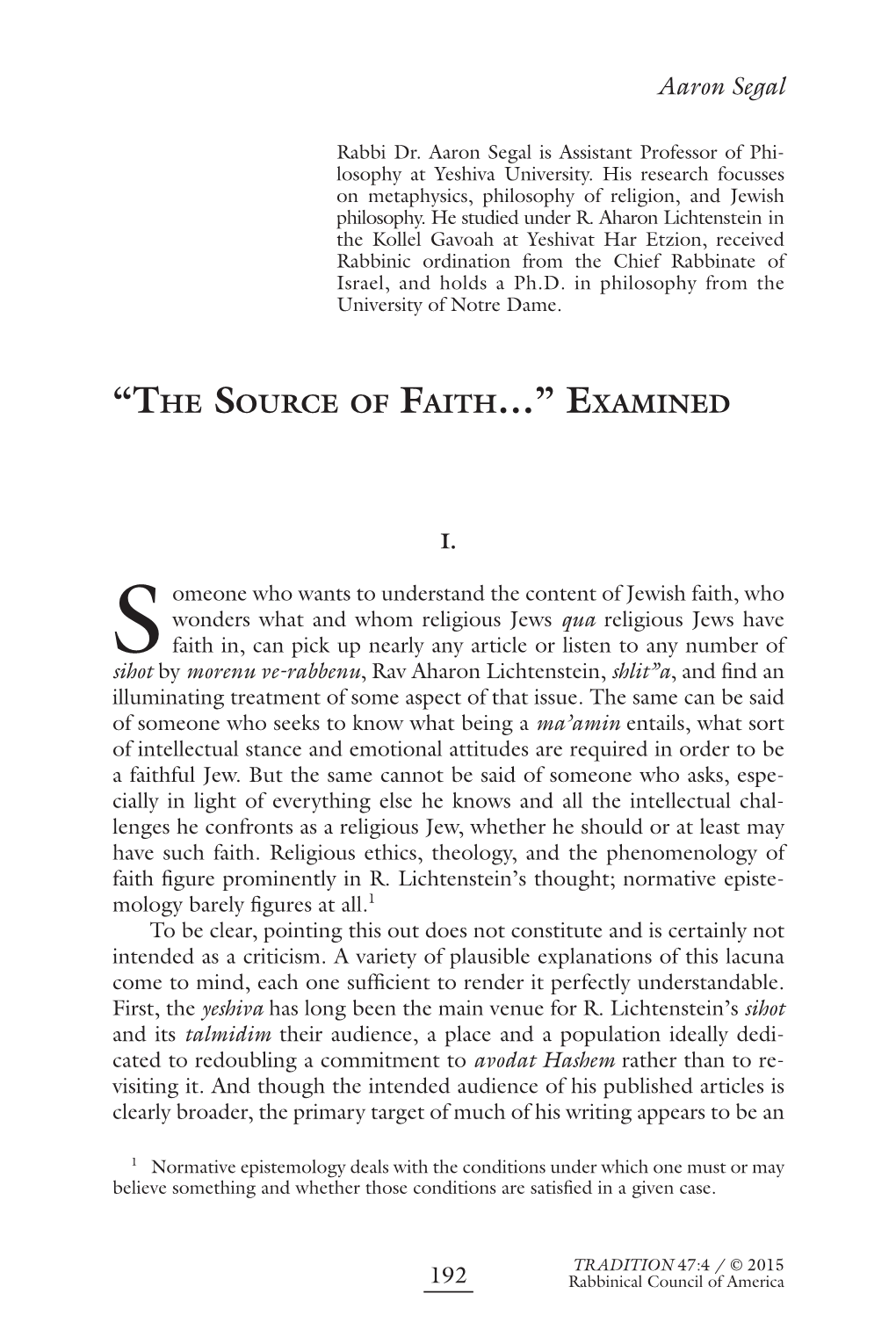 The Source of Faith Examined