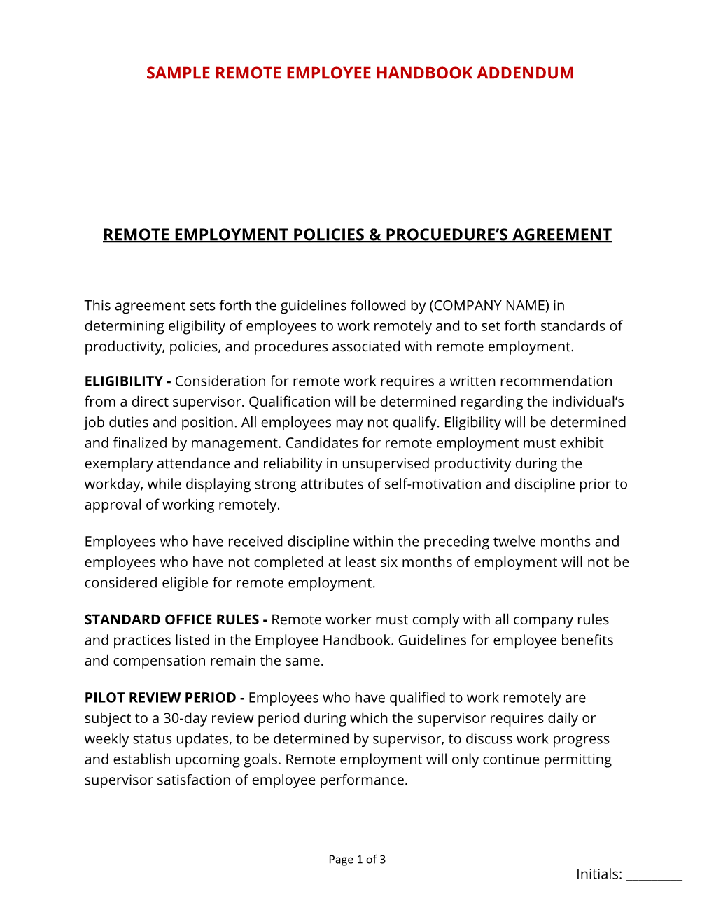 Remote Employment Policies & Procuedure's Agreement