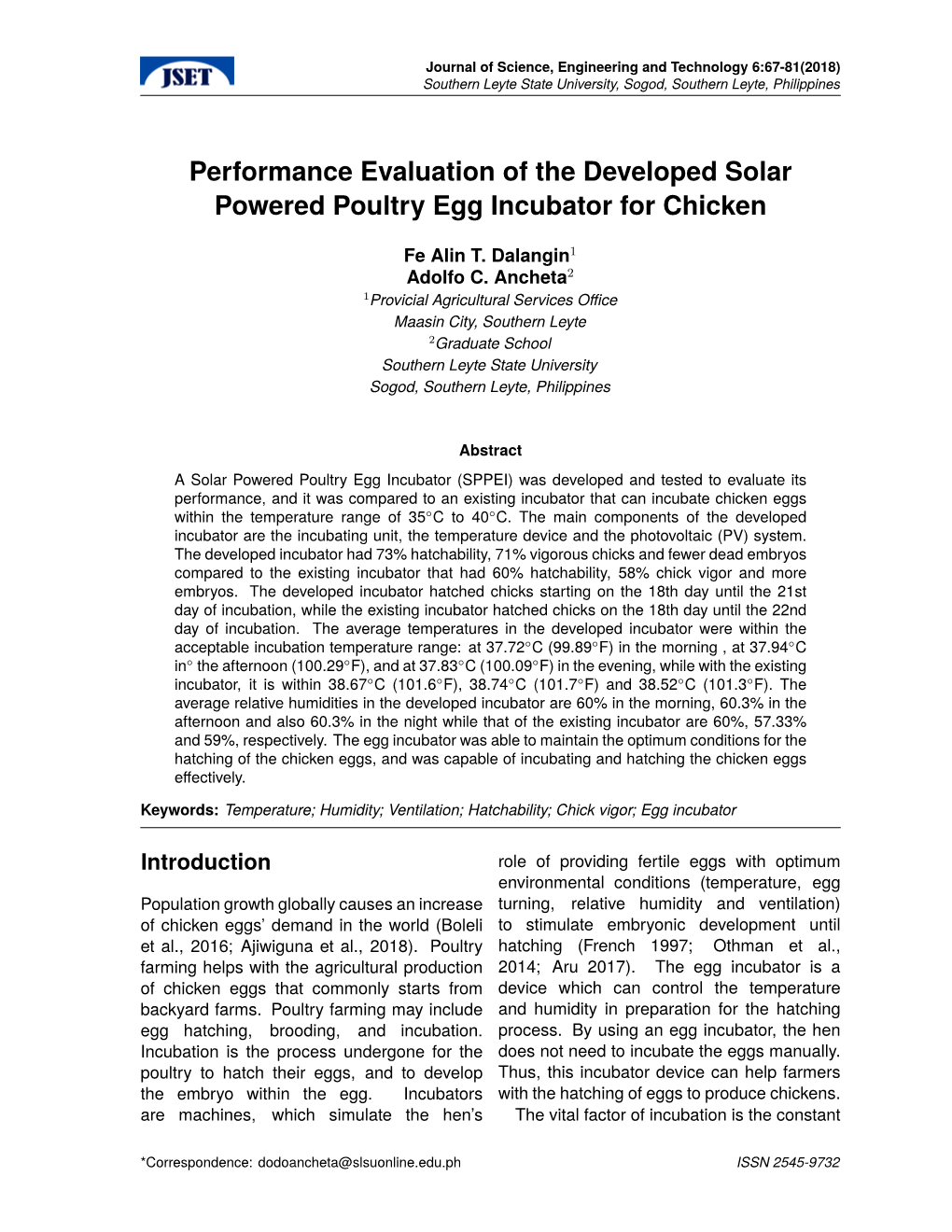 Performance Evaluation of the Developed Solar Powered Poultry Egg Incubator for Chicken