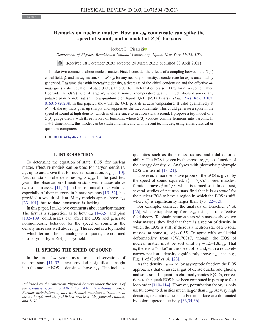 Remarks on Nuclear Matter: How an Ω0 Condensate Can Spike the Speed of Sound, and a Model of Zð3þ Baryons