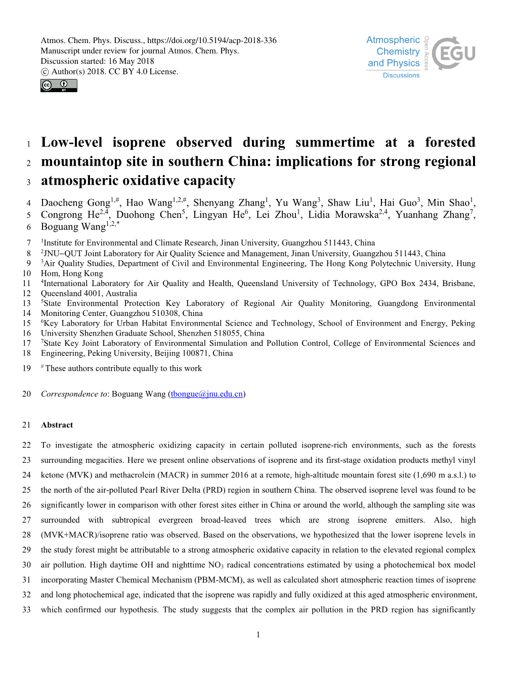 Low-Level Isoprene Observed During Summertime at a Forested 2 Mountaintop Site in Southern China: Implications for Strong Regional 3 Atmospheric Oxidative Capacity