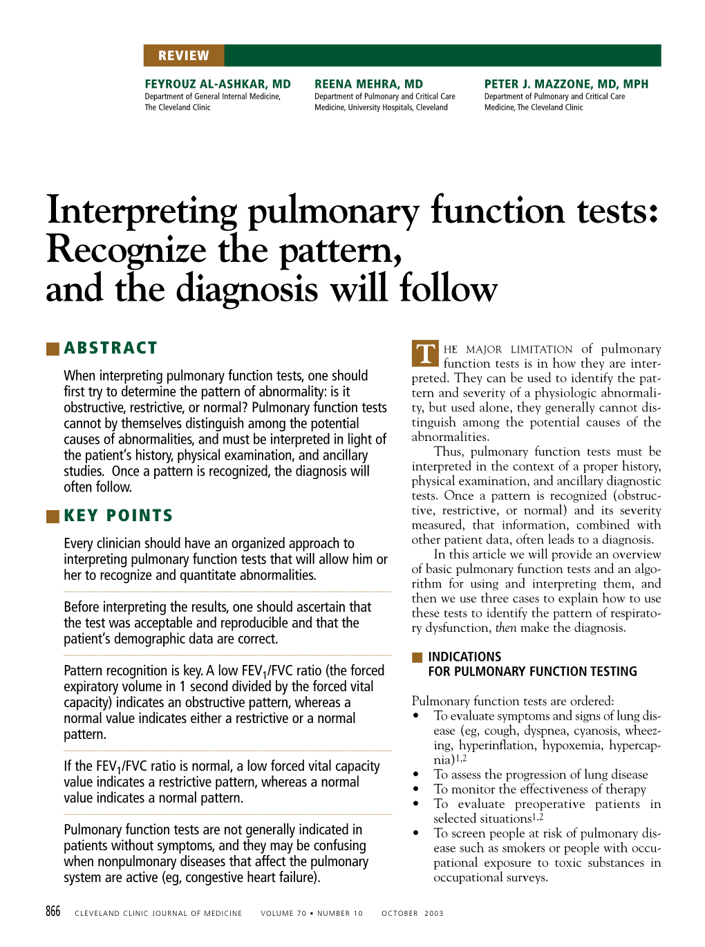 Interpreting Pulmonary Function Tests: Recognize the Pattern, and the Diagnosis Will Follow