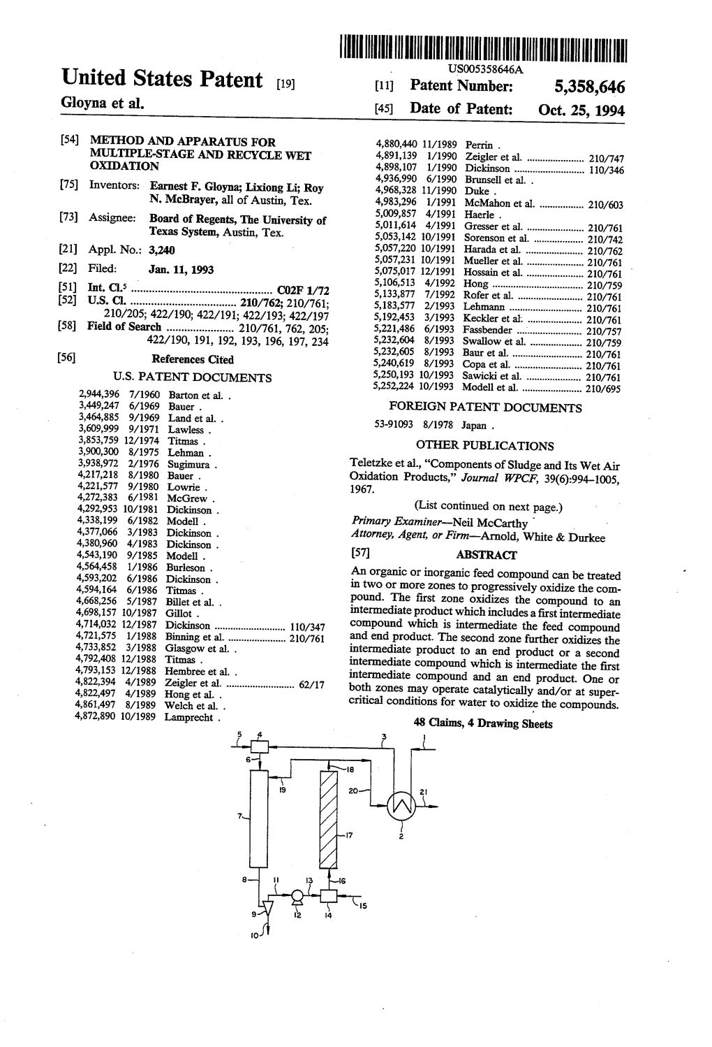 United States Patent (19) 11 Patent Number: 5,358,646 Gloyna Et Al
