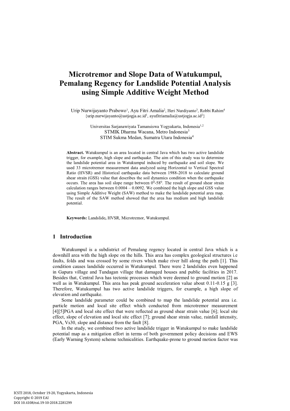 Microtremor and Slope Data of Watukumpul, Pemalang Regency for Landslide Potential Analysis Using Simple Additive Weight Method