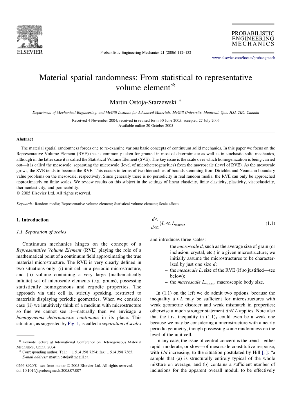 Material Spatial Randomness: from Statistical to Representative Volume Element*