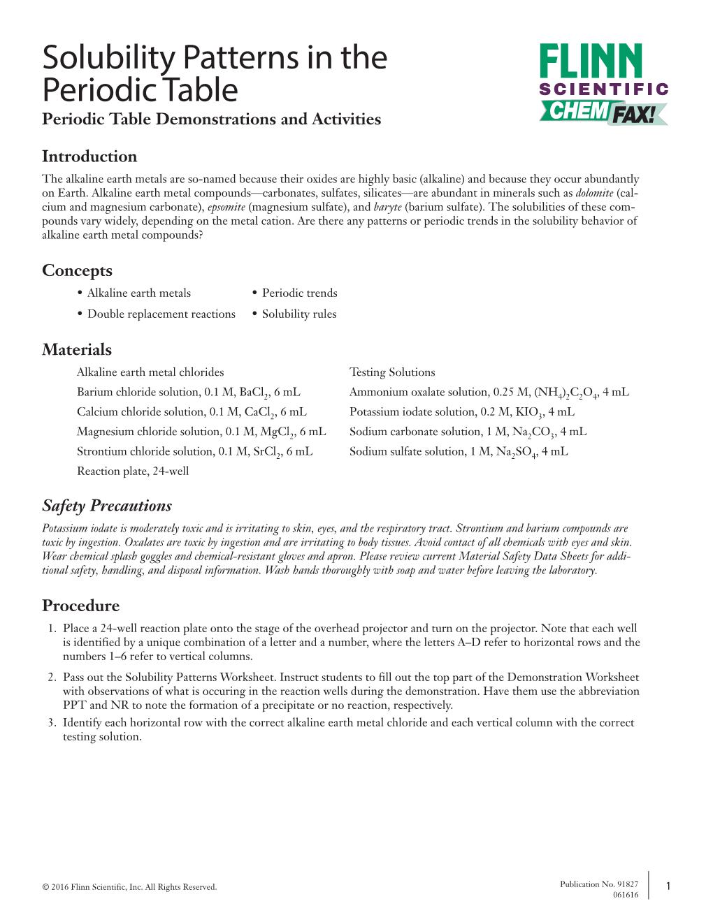 Solubility Patterns in the Periodic Table SCIENTIFIC Periodic Table Demonstrations and Activities