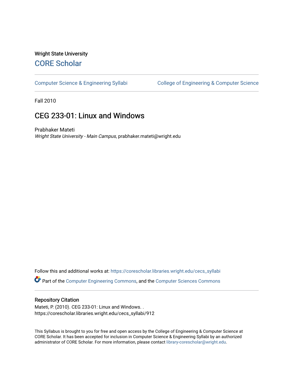 CEG 233-01: Linux and Windows