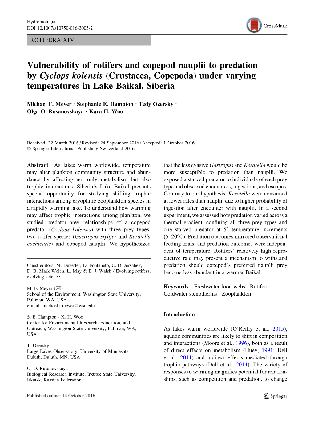 Vulnerability of Rotifers and Copepod Nauplii to Predation by Cyclops Kolensis (Crustacea, Copepoda) Under Varying Temperatures in Lake Baikal, Siberia