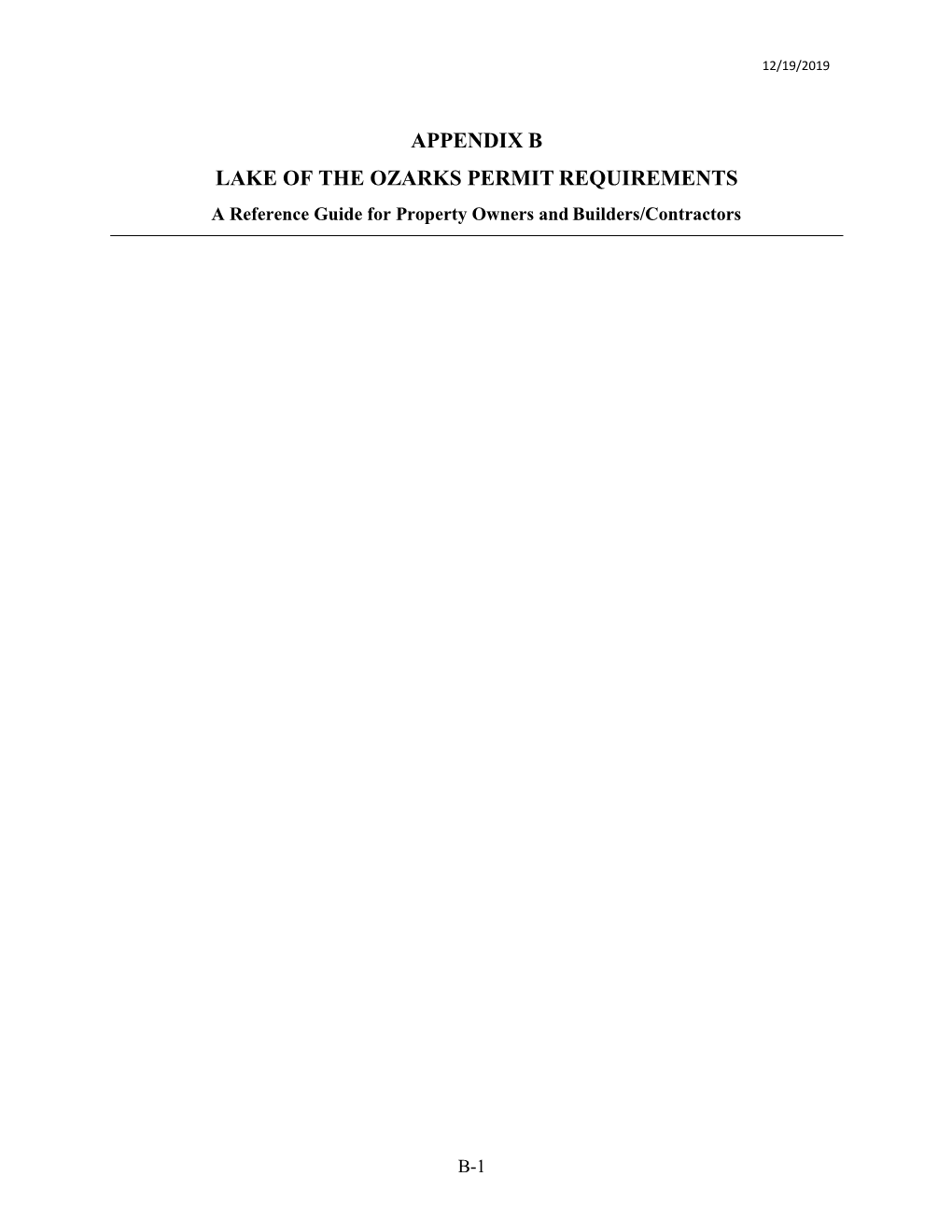 APPENDIX B LAKE of the OZARKS PERMIT REQUIREMENTS a Reference Guide for Property Owners and Builders/Contractors