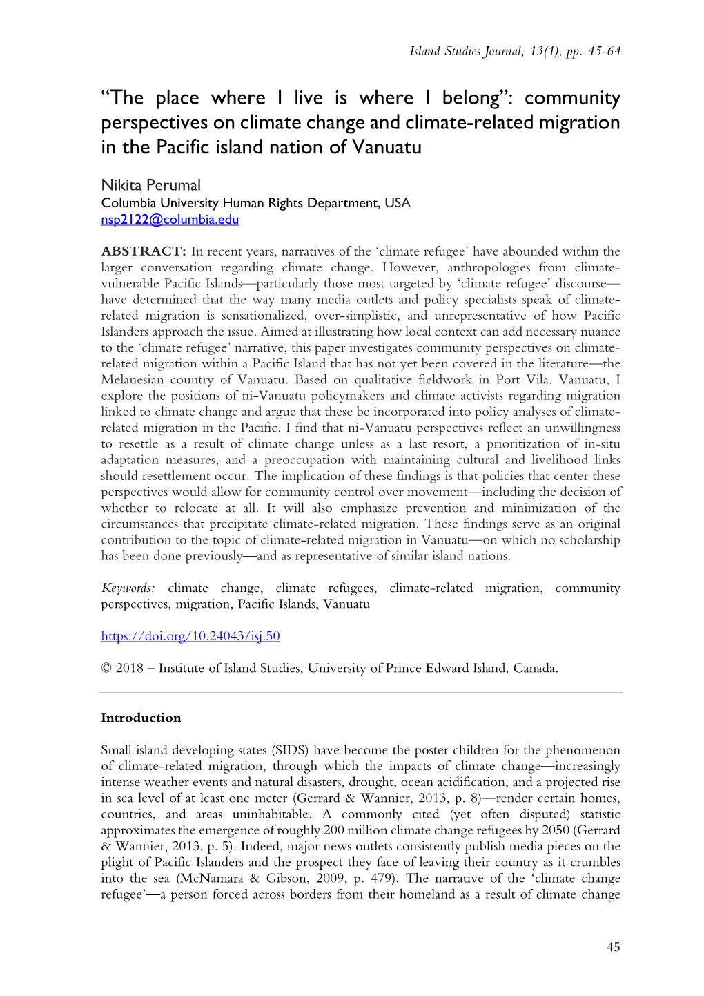 “The Place Where I Live Is Where I Belong”: Community Perspectives on Climate Change and Climate-Related Migration in the Pacific Island Nation of Vanuatu