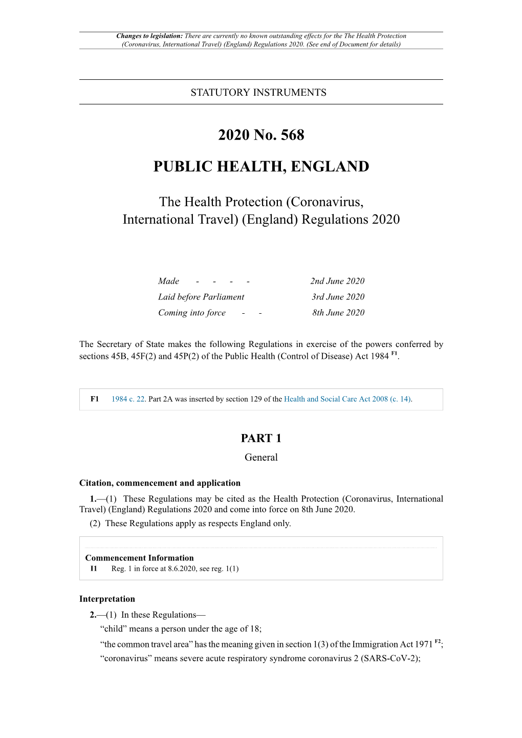 The Health Protection (Coronavirus, International Travel) (England) Regulations 2020