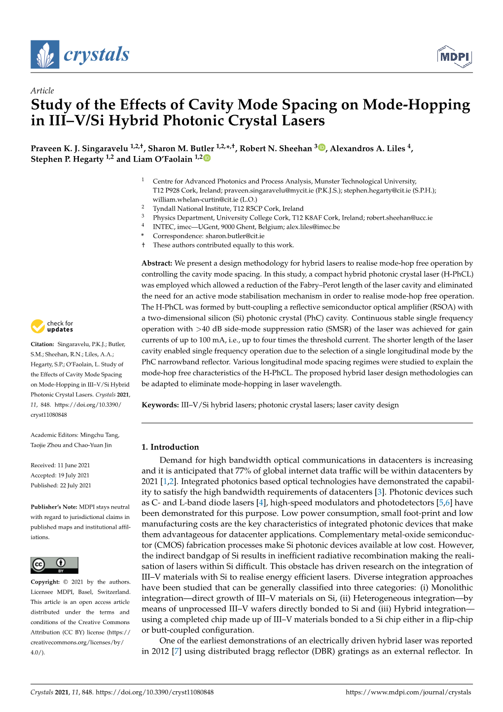 Study of the Effects of Cavity Mode Spacing on Mode-Hopping in III–V/Si Hybrid Photonic Crystal Lasers