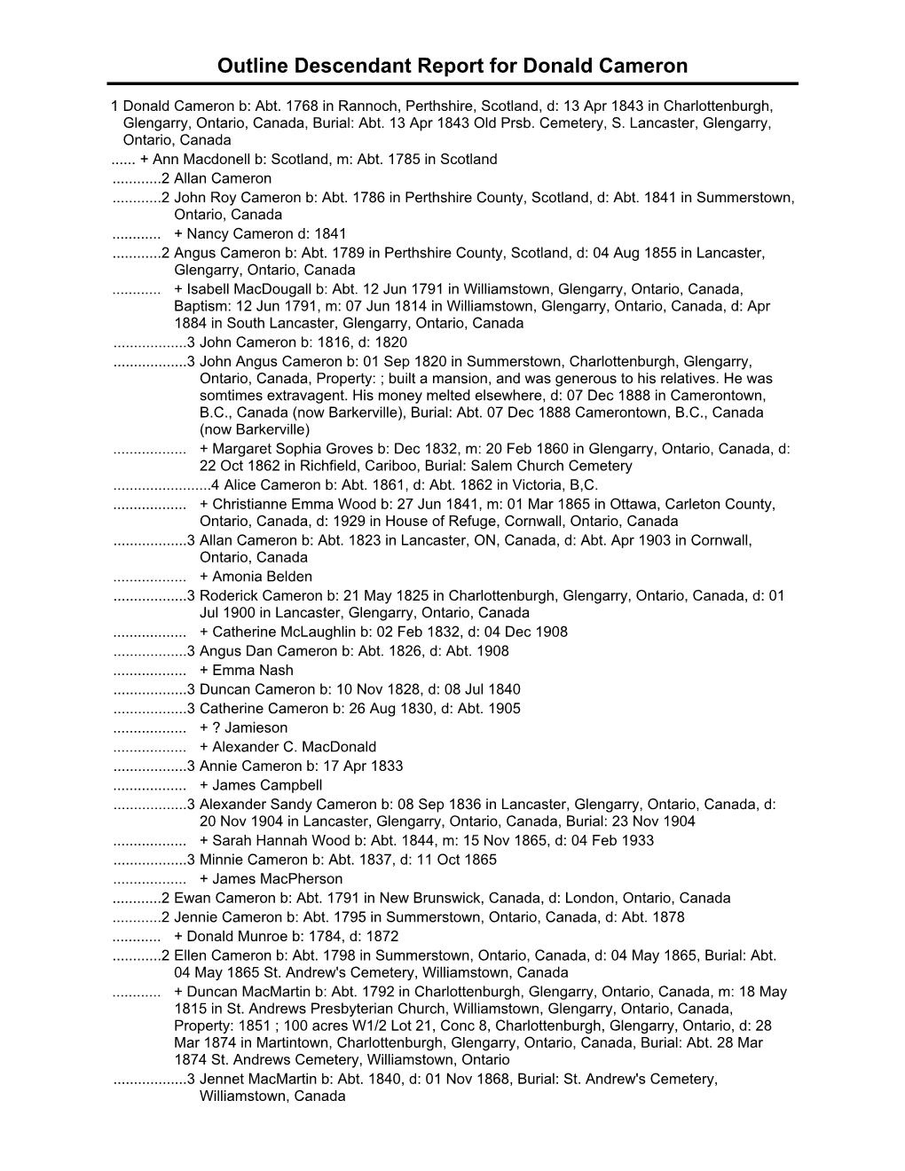 Outline Descendant Report for Donald Cameron