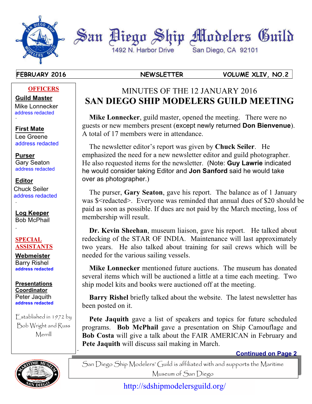 SAN DIEGO SHIP MODELERS GUILD MEETING Mike Lonnecker Address Redacted