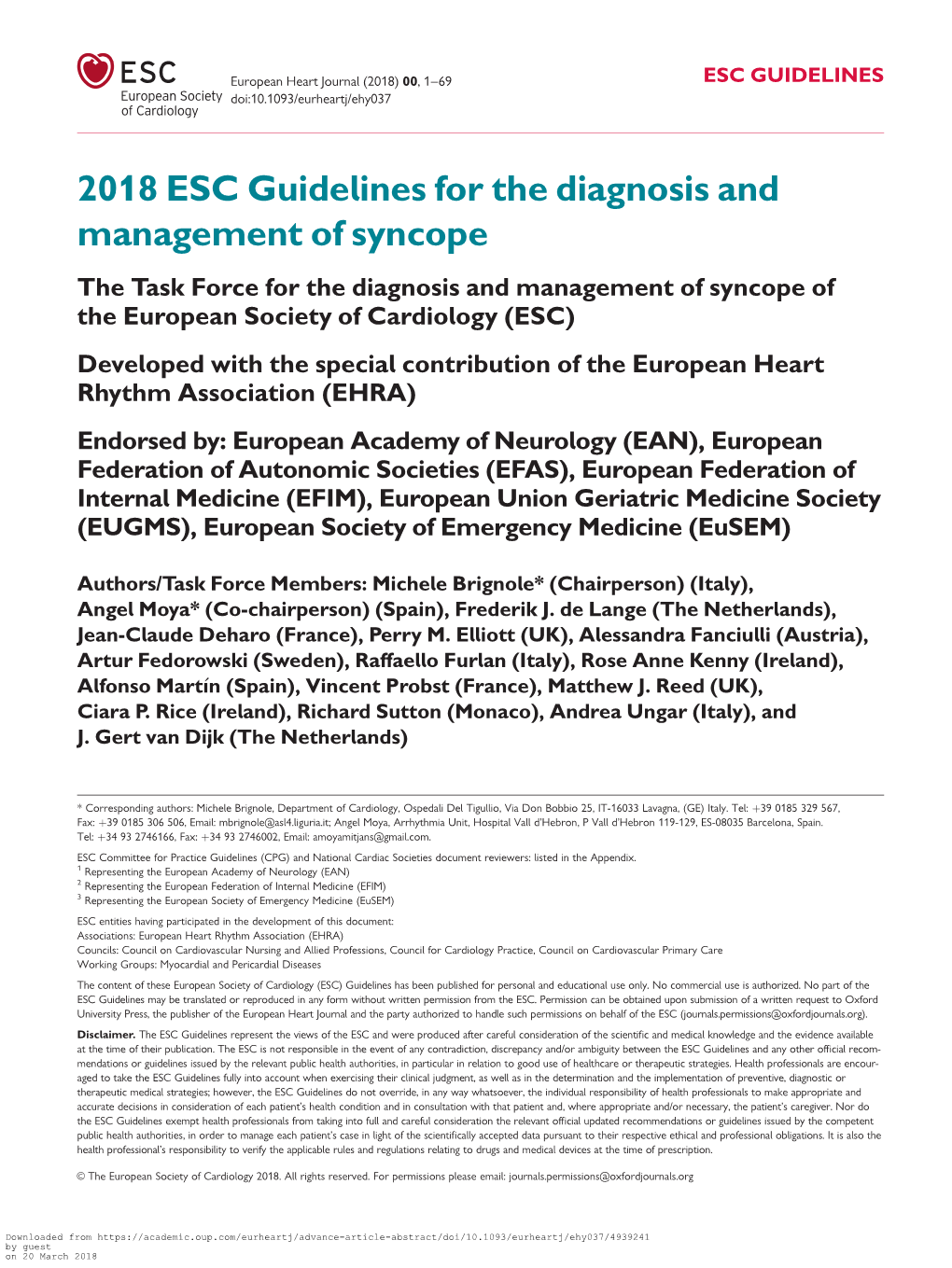 2018 ESC Guidelines for the Diagnosis and Management of Syncope