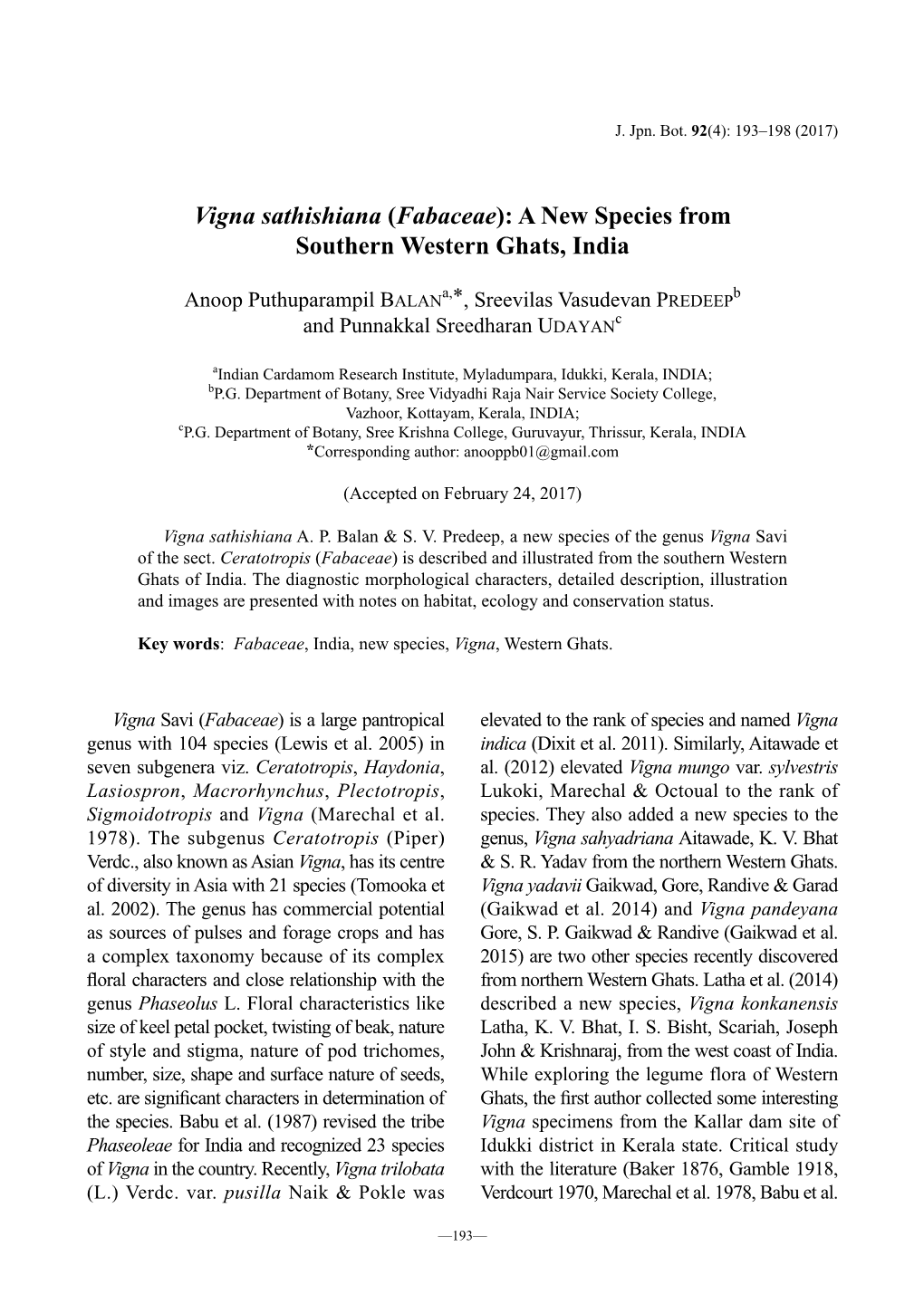 Vigna Sathishiana (Fabaceae): a New Species from Southern Western Ghats, India