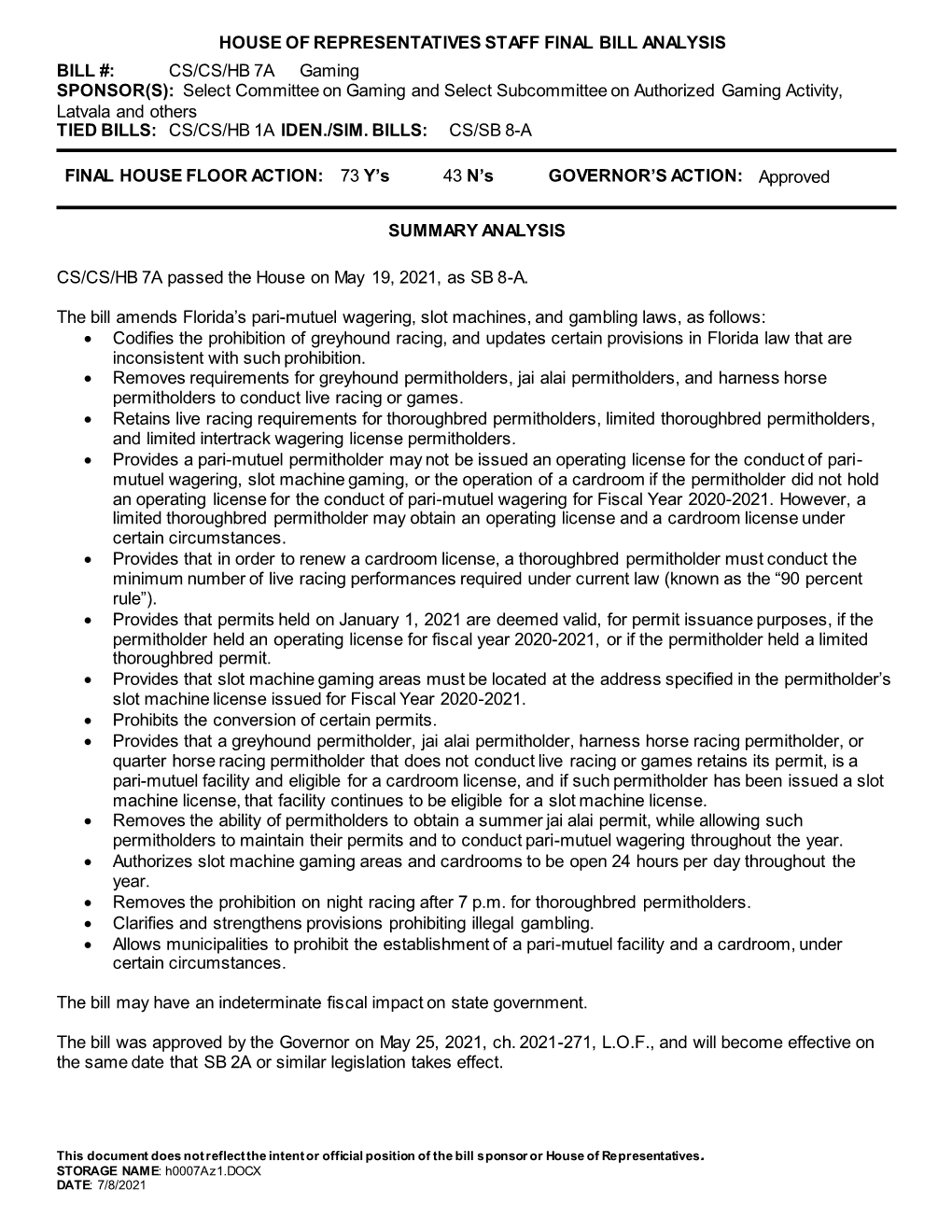 House of Representatives Staff Final Bill Analysis