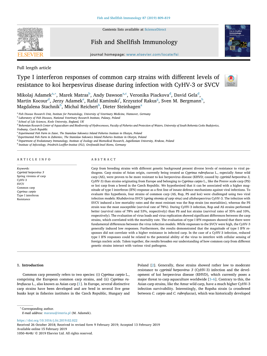 Type I Interferon Responses of Common Carp Strains with Different Levels of Resistance to Koi Herpesvirus Disease During Infecti