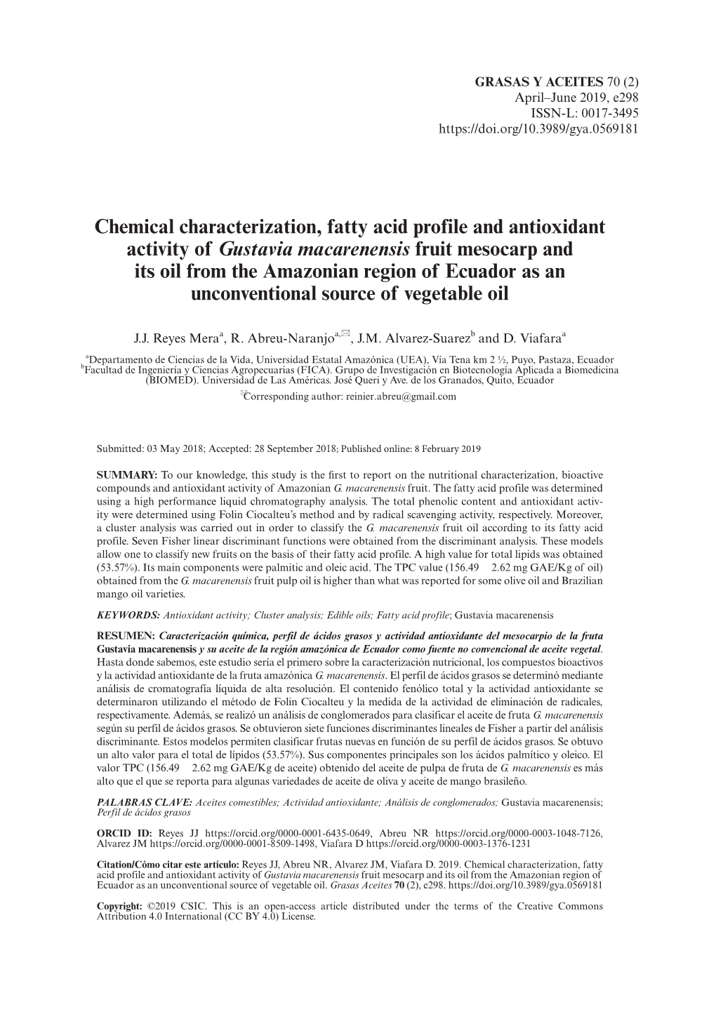 Chemical Characterization, Fatty Acid Profile and Antioxidant Activity Of