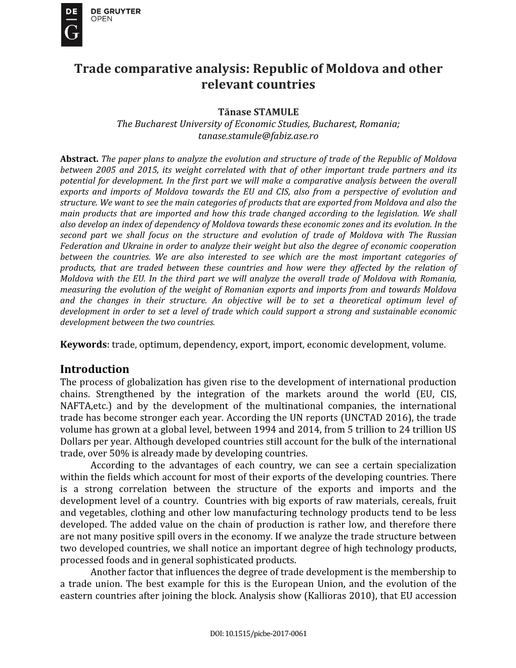 Trade Comparative Analysis: Republic of Moldova and Other Relevant Countries