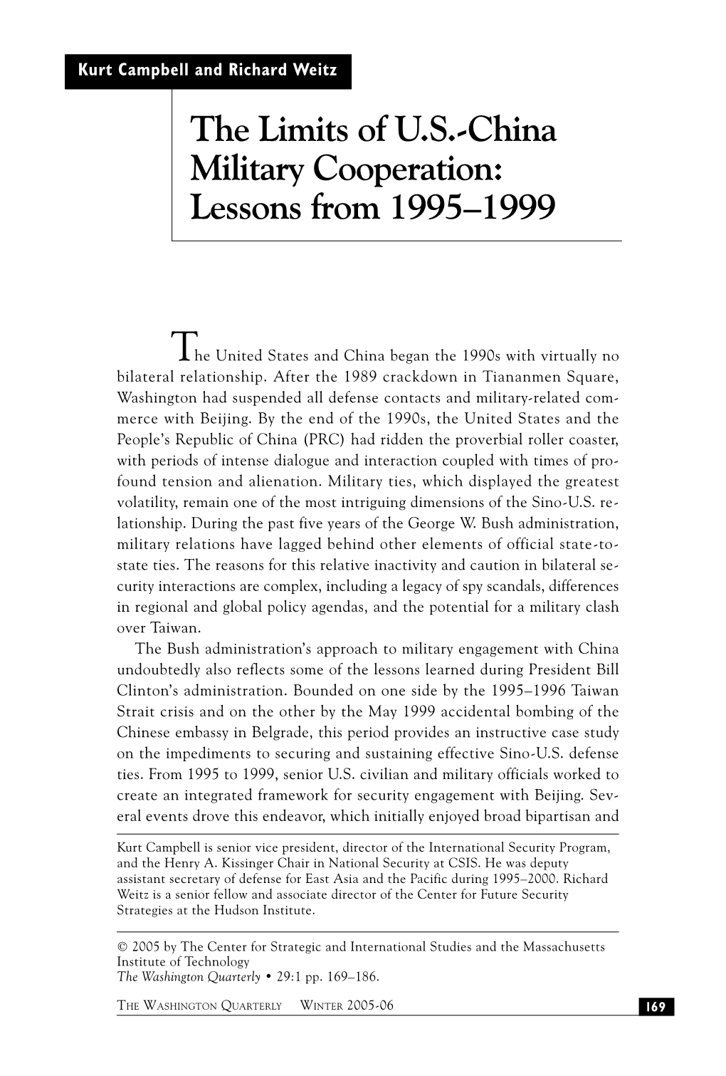 The Limits of US-China Military Cooperation: Lessons from 1995–1999