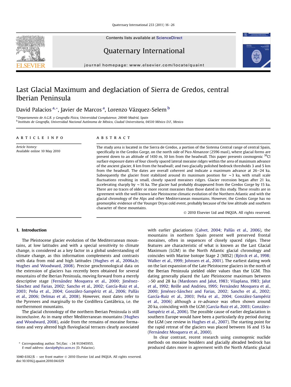 Last Glacial Maximum and Deglaciation of Sierra De Gredos, Central Iberian Peninsula