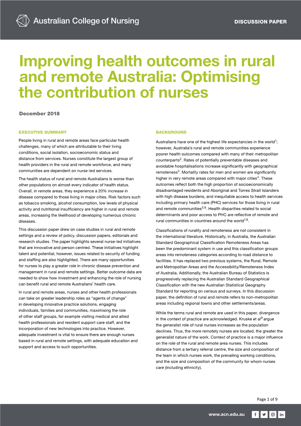 Improving Health Outcomes in Rural and Remote Australia: Optimising the Contributiondiscussion of Papernurses