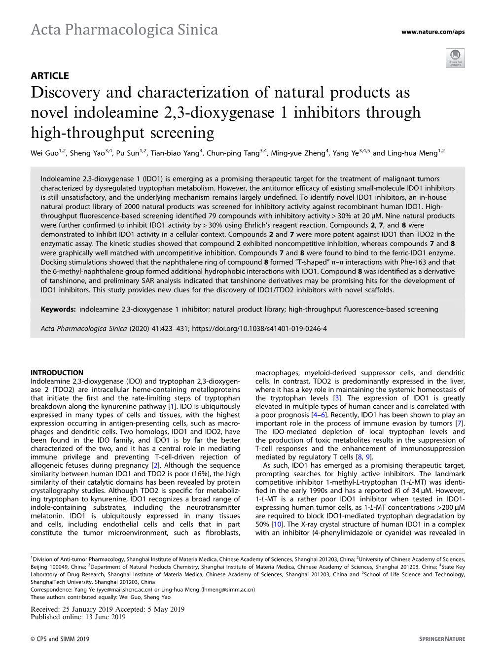 Discovery and Characterization of Natural Products As Novel Indoleamine 2,3-Dioxygenase 1 Inhibitors Through High-Throughput Screening