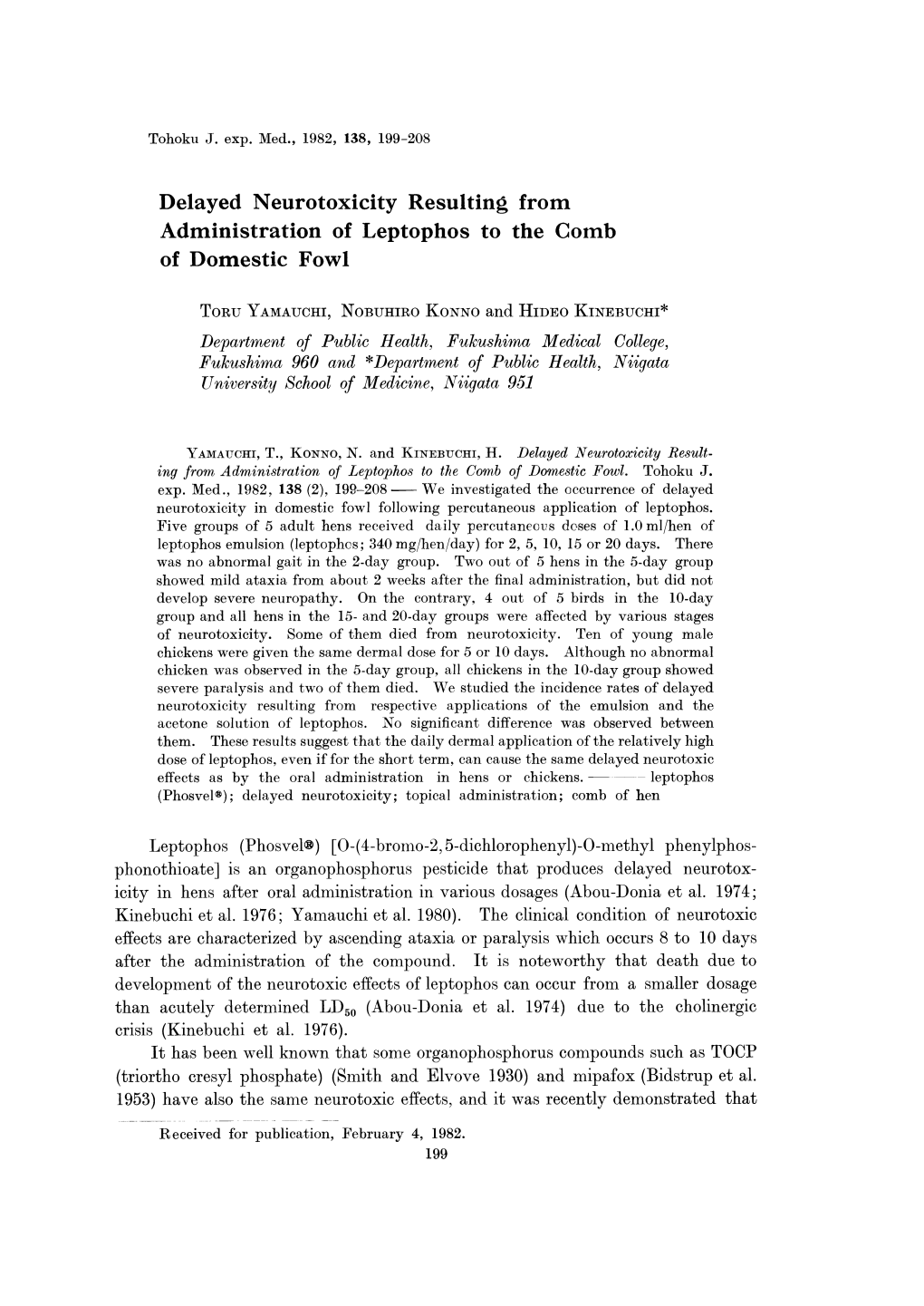 Delayed Neurotoxicity Resulting Administration of Leptophos to Of