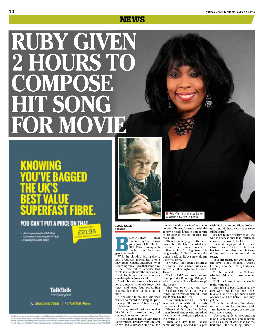 SUNDAY MERCURY SUNDAY, JANUARY 19, 2020 News RUBY GIVEN 2 HOURS to COMPOSE HIT SONG for MOVIE